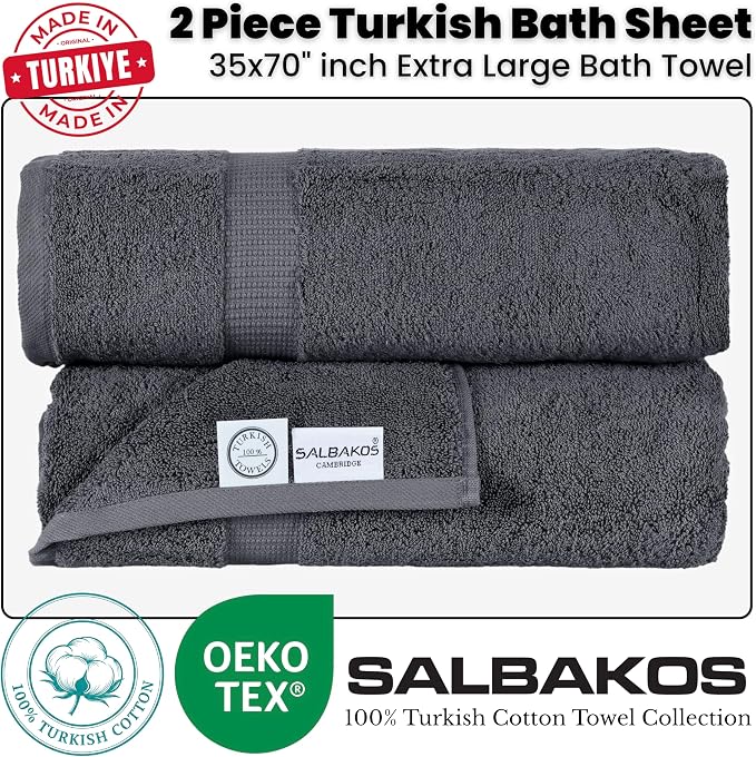 SALBAKOS 2-Piece 100% Turkish Cotton Extra Large Bath Towel 35x70 inch | Premium Hotel Quality Bath Sheet Towels | Thick, Soft, Absorbent, Oversized Bath & Beach Towels (Gray, 2 Bath Sheets)