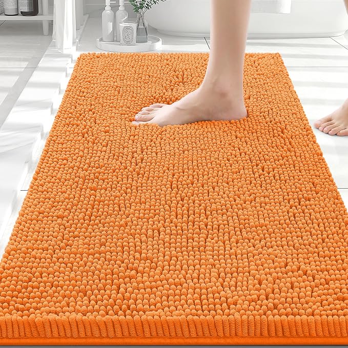 Smiry Luxury Chenille Bathroom Rugs 30x20, Extra Soft and Absorbent Shaggy Bath Mat, Machine Washable, Non-Slip Plush Carpet Runner for Tub, Shower, and Floor, Home Decor Accessories, Orange