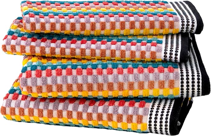 SKL Home Mid-Century 100% Cotton Premium 4-Piece Towel Set, 450 GSM, Soft & Absorbent Jacquard - 2 Bath Towels, 2 Hand Towels, Multi