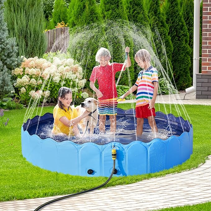 Yaheetech Foldable Dog Bath Pool Collapsible Dog Bathing Tub Doggie Wading Pool with Sprinkler for Indoor/Outdoor Use Suitbale for Puppy Small Medium Dogs Cats(Blue, 71x13 inch)