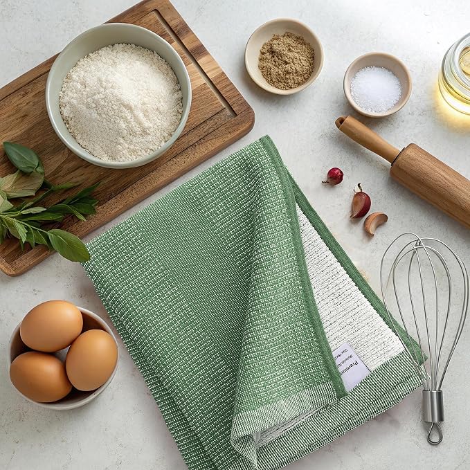 Mordimy Premium Kitchen Towels 6 Pack (18 x 28 Inches, Grass Green), Large Cotton Kitchen Hand Towel, Flat & Terry Dish Towels for Drying Dishes, Super Absorbent Tea Dishtowels Set with Hanging Loop