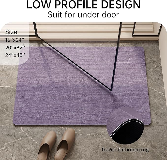 Mecko Bath Mat, Ultra Absorbent Quick Dry Bathroom Floor Mats-Rubber Non-Slip Thin Bathroom Rug Fit Under Door, Faux Suede Surface Shower Rug for Bathtub, Sink, Shower Room(Lavender Purple,20"x32")