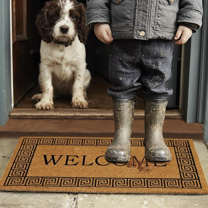 Croft&Cane Welcome Doormat – Non Slip Coco Coir Door Mat with Greek Key Border - Low Profile Vinyl Backed Front Doormat - Indoor Outdoor Entryway Rug - 17 x 30 Inches