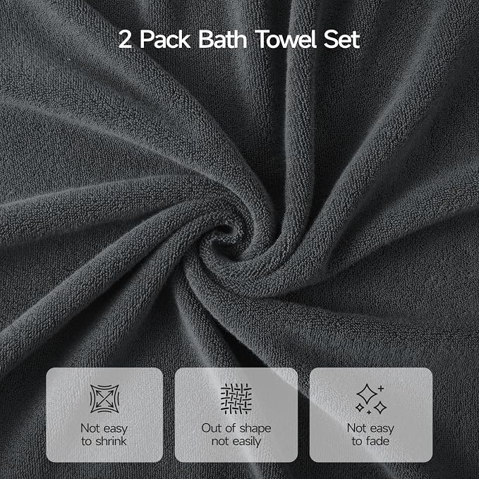 ecolook 2 Pack 100% Cotton Bath Towels, 28 x 55 Inches, Soft | Lightweight, Highly Absorbent & Quick Dry Body Towels for Bathroom, Shower, Gym & Daily Use, Dark Gray