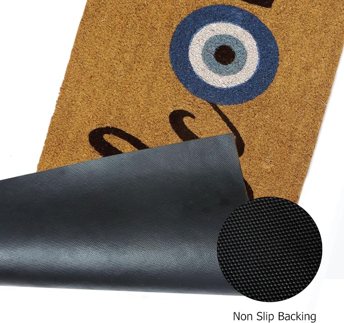 Croft&Cane Welcome Doormat – Extra Wide 17x39 Evil Eye Non Slip Natural Coco Coir Door Mat – Dirt Trapping Indoor Outdoor Large Entryway Rug for Wide Doorways Patio Porch High Traffic Areas