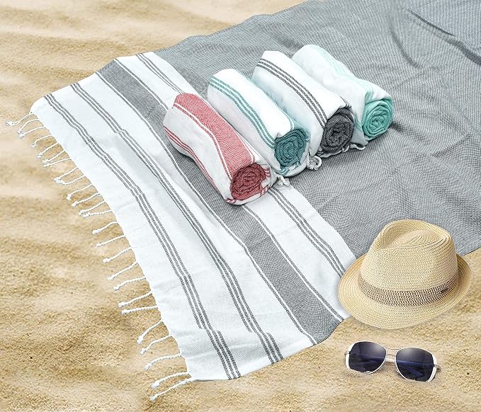 GLAMBURG Peshtemal Turkish Towel - Beach Towels Oversized 36x71 Set of 6, Soft Durable Absorbent Extra Large Bath Sheet Hammam Towel for Adults - Charcoal Grey