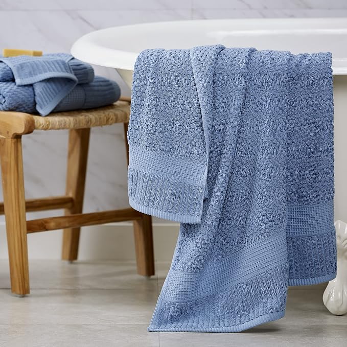 NY Loft 100% Cotton 4-Pack Bath Towel Set | Blue | Oeko-TEX | Quick-Dry | Four 30" x 52" Bath Towels | Super Absorbent | Designer-Styled Texture