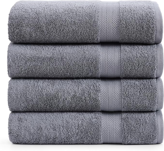 LANE LINEN 4 Pack Bath Towels Set (28"x54") - 100% Ring Spun Cotton, Large Turkish Towels for Bathroom - Durable, Quick Dry, Soft & Absorbent Bath Towel Set - Gets Softer After Each Wash - Cool Grey