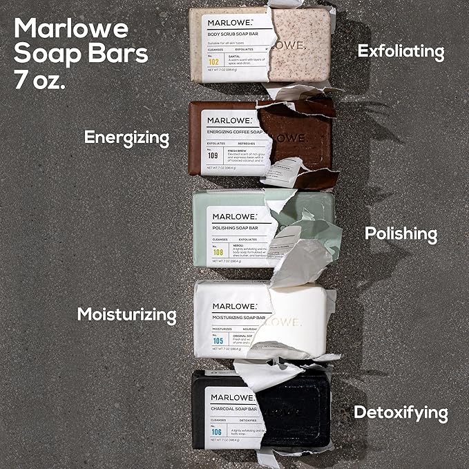 MARLOWE. Coffee Bar Soap, Exfoliating Body Scrub for Men, 7 oz (3 Bars) | Energizing Coffee Bar exfoliates and refreshes for smooth, clean, refreshed skin. Fresh Brewed scent.