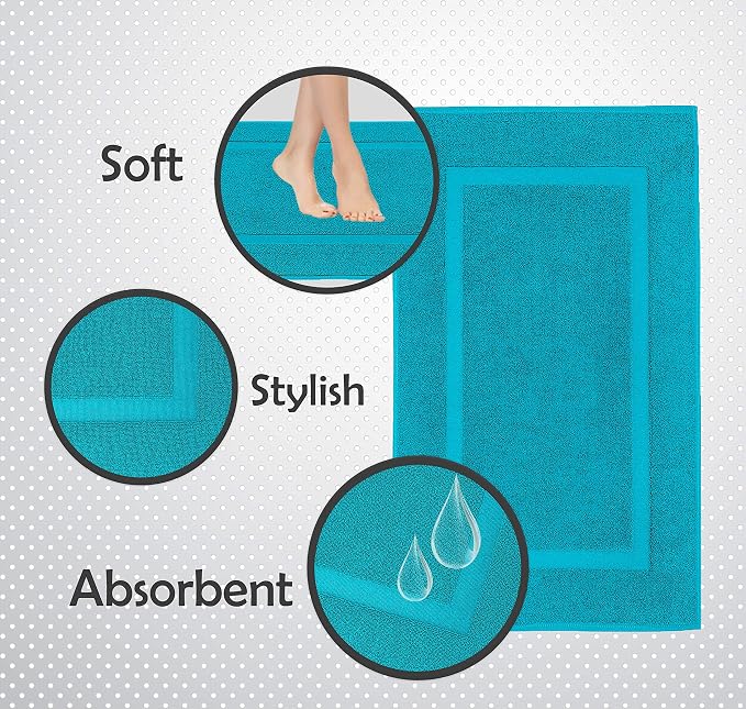 100% Cotton Bath Mats for Bathroom Floor Set of 2 Pack, 20x34 Soft Absorbent Washable Quick Dry Tub Bathmat, Aqua Blue