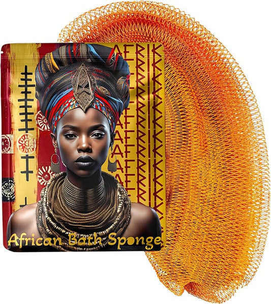 African Net Sponge, Premium Authentic Exfoliating Body Scrubber, Extra Long Stretch Bath Sponge for Shower, Deep Exfoliating Washcloth for Smooth Skin, 1 Pack (Mustard)