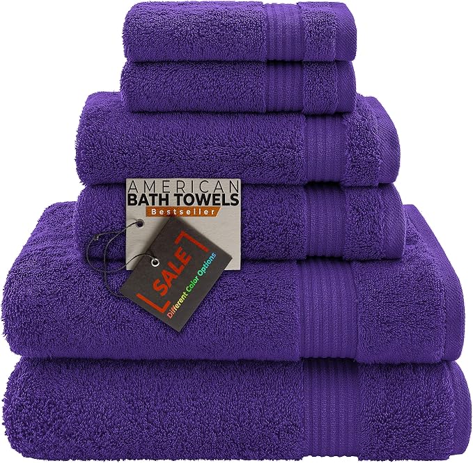 American Bath Towels 100% Cotton 6 Piece Turkish Towel Set, Ultra Soft Absorbent Bathroom Towels, 2 Bath Towel 2 Hand Towels 2 Washcloths, Purple