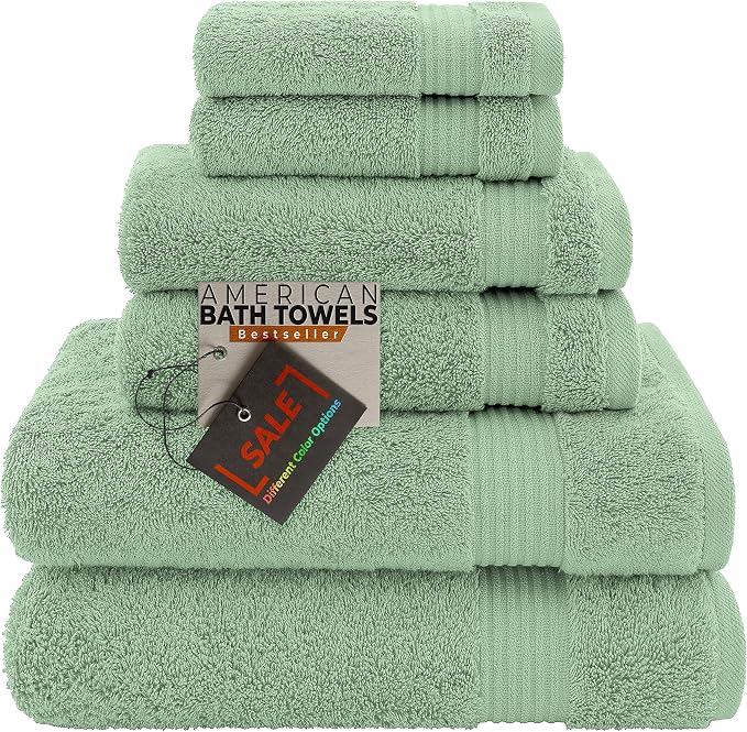 American Bath Towels 100% Cotton 6 Piece Turkish Towel Set, Ultra Soft Absorbent Bathroom Towels, 2 Bath Towel 2 Hand Towels 2 Washcloths, Sage Green
