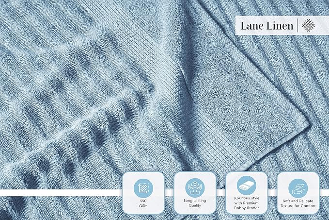 LANE LINEN Cotton Bath Towels Set of 6 - Exclusive Zero Twist - Softer, Quick Dry & Absorbent - 2 Bath, 2 Washcloths, 2 Hand Towels for Bathroom - Durable, Premium Quality & Ideal Gift for Him - Blue