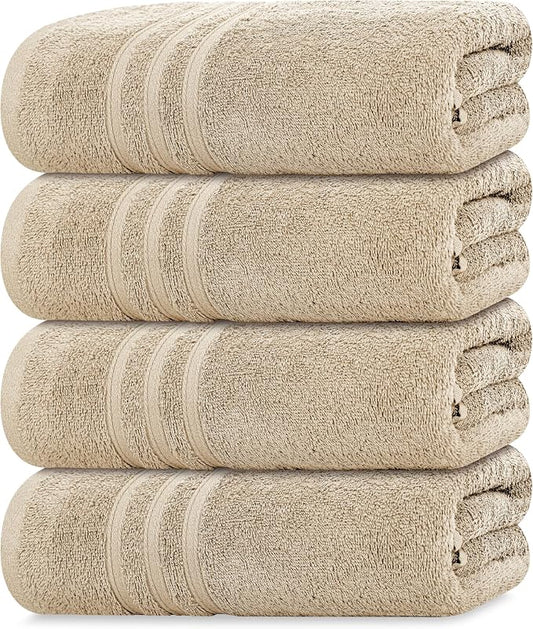 Tens Towels Pack of 4 Soft Bath Towels, 100% Cotton, 27 x 54 Inches, Lightweight & Quick-Dry, Ideal for Daily Bathroom Use, Practical & Comfortable, Beige