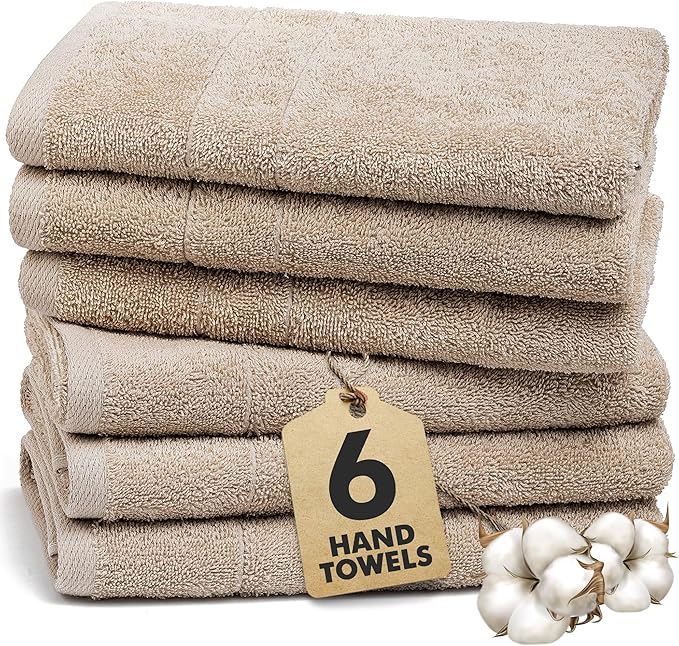 100% Ring Spun Cotton Hand Towels for Bathroom – 550 GSM Soft & Absorbent Towel Set– Pack of 6 Small Towel (34x20in) – Quick Dry Luxury Cotton Hand Towels – Beige