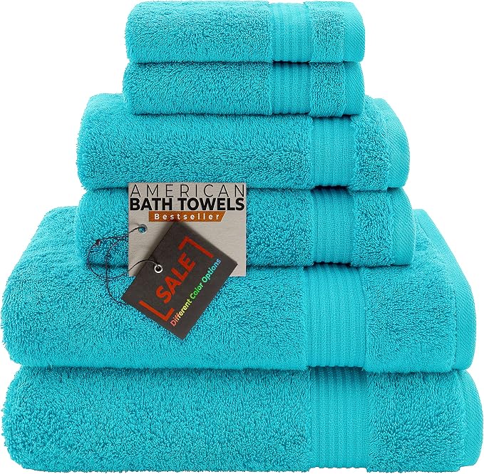 American Bath Towels 100% Cotton 6 Piece Turkish Towel Set, Ultra Soft Absorbent Bathroom Towels, 2 Bath Towel 2 Hand Towels 2 Washcloths, Aqua Blue