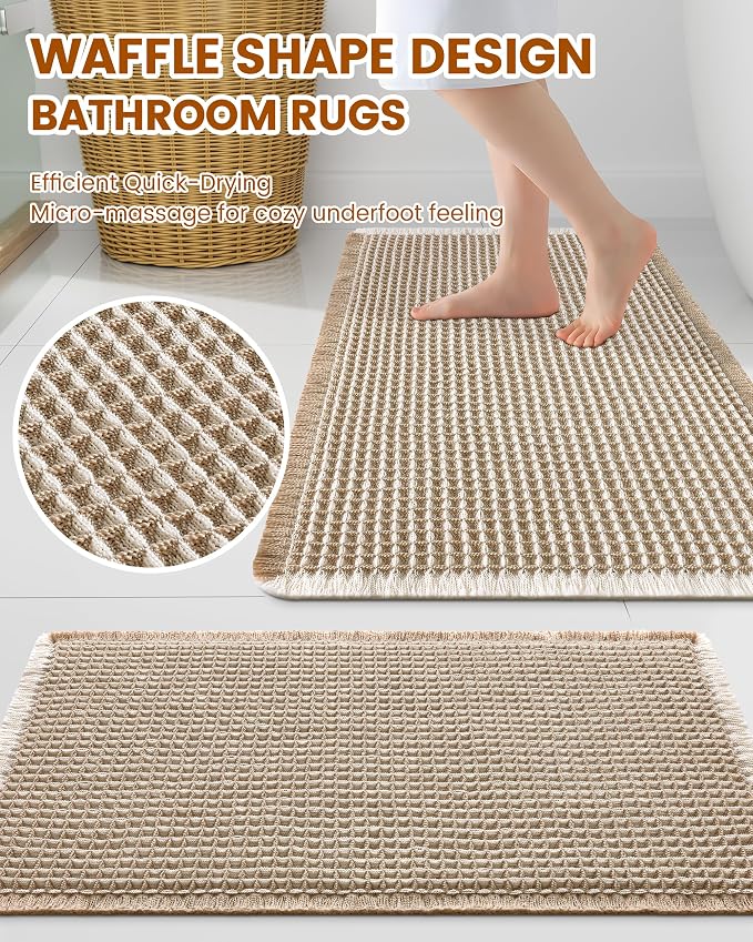 Smiry Waffle Bath Mat 36x24, Extra Soft Absorbent Bathroom Rugs, Non Slip Machine Washable Quick Dry Bath Rugs for Bathroom Floor, Tub, Shower, Home Decor Accessories, Brown & Cream