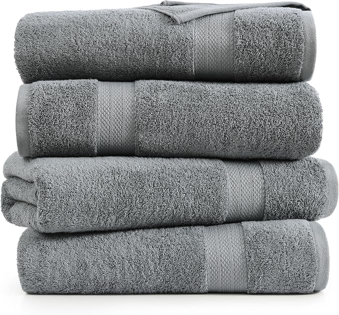 LANE LINEN 4 Pack Bath Towels Set (28"x54") - 100% Ring Spun Cotton, Large Turkish Towels for Bathroom - Durable, Quick Dry, Soft & Absorbent Bath Towel Set - Gets Softer After Each Wash - Cool Grey