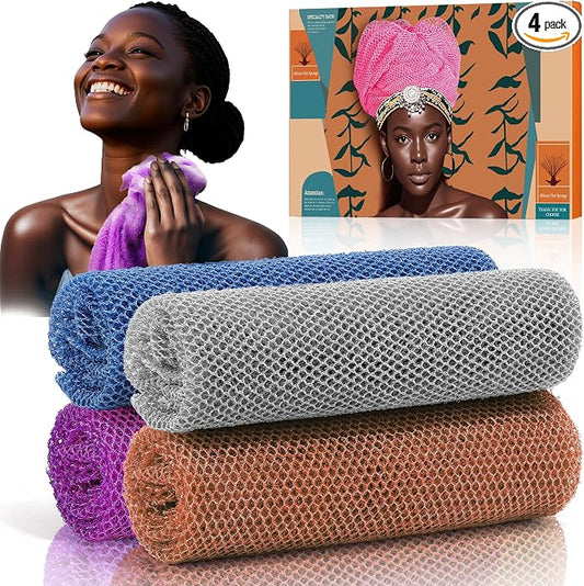 4 Pieces African Net Sponge – Premium African Net Sponge for Deep Exfoliation Quick-Dry and Reusable Mesh for Smooth Skin(Brown, Blue, Purple,Grey)