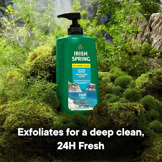 Irish Spring Active Scrub Exfoliating Body Wash for Men, 24-Hour Fresh, Biodegradable Ingredients, Paraben Free, Cool Fresh Scent, 30 fl oz Pump Bottle (Pack of 4)