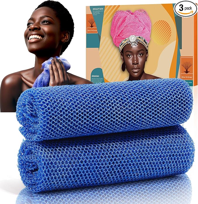 2 Pieces African Net Sponge – Effective Deep Cleansing and Exfoliating Mesh for Glowing Skin – Stretchable, Quick-Dry Exfoliating Bath Sponge (Blue)