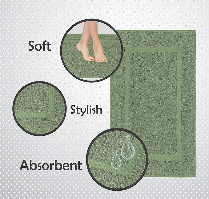 100% Cotton Bath Mats for Bathroom Floor Set of 2 Pack, 20x34 Soft Absorbent Washable Quick Dry Tub Bathmat, Sage Green