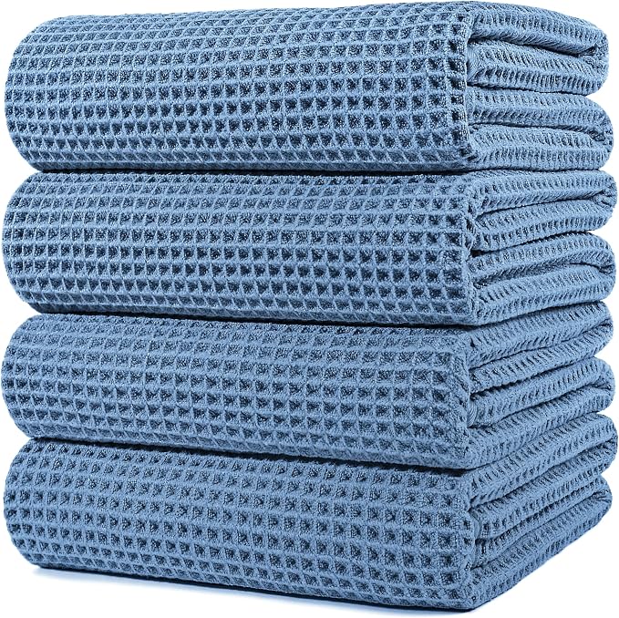 POLYTE 430 GSM Microfiber Oversize Quick Dry Lint Free Bath Towel, 60 x 30 in, 4 Pack (Waffle Weave)