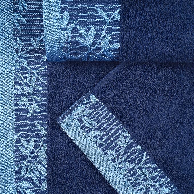 Superior Floral Jaquard Cotton Bathroom Towels, 6pc Towel Set, Navy Blue | Soft Absorbent Quick Dry Terry Weave, Hotel Quality, Wisteria Towels Includes 2 Bath Towels, 2 Hand Towels, 2 Washcloths