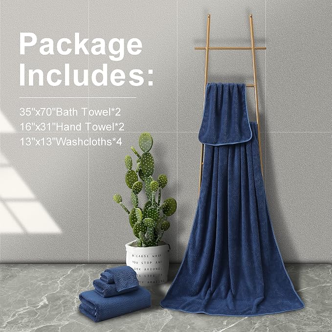 Smuge Ultra Soft 8 Piece Textured Bath Towel Set for Bathroom Shower Pool, Kitchen, Quick Dry, Lightweight Highly Absorbent - 2 Oversized Bath Towel Sheets, 2 Hand Towels, 4 Washcloths - Navy Blue