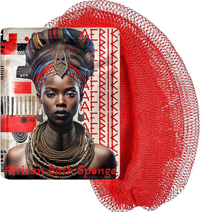 African Net Sponge, Premium Authentic Exfoliating Body Scrubber, Extra Long Stretch Bath Sponge for Shower, Deep Exfoliating Washcloth for Smooth Skin, 1 Pack (Red)