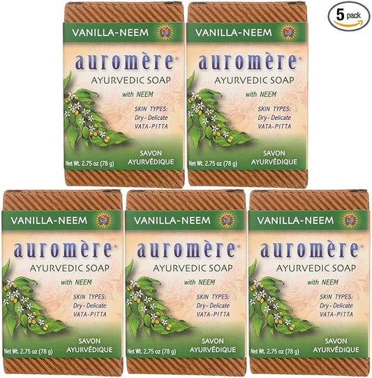 Auromere Ayurvedic Bar Soap, Vanilla Neem - Eco Friendly, Handmade, Vegan, Cruelty Free, Natural, Non GMO (2.75 oz), 5 pack