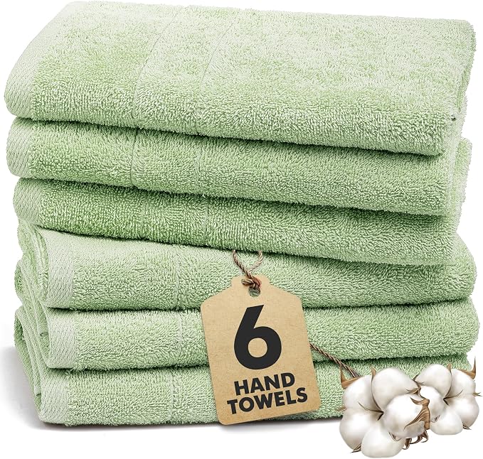 100% Ring Spun Cotton Hand Towels for Bathroom – 550 GSM Soft & Absorbent Towel Set– Pack of 6 Small Towel (34x20in) – Quick Dry Luxury Cotton Hand Towels – Light Green