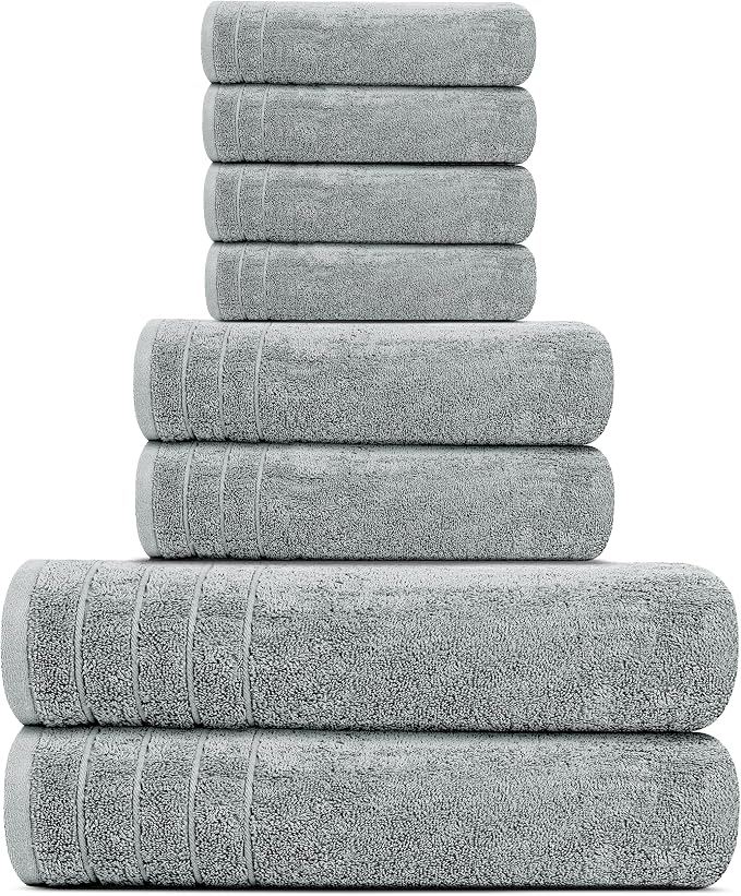 Tens Towels Pack of 8 Towels Set, 2 Extra Large Bath, 2 Hand, 4 Washcloths, 100% Cotton, Lighter Weight, Quicker to Dry, Super Absorbent, Perfect for Bathroom, Cool Grey