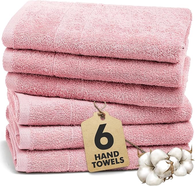 100% Ring Spun Cotton Hand Towels for Bathroom – 550 GSM Soft & Absorbent Towel Set– Pack of 6 Small Towel (34x20in) – Quick Dry Luxury Cotton Hand Towels – Baby Pink