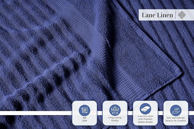 LANE LINEN Bath Towels Set - 6 Piece Set - Zero Twist - Softer Cotton, Absorbent & Durable - 2 Bath, 2 Washcloths, 2 Hand Towels for Bathroom - Sustainably Produced & Designed for Everyday use - Navy
