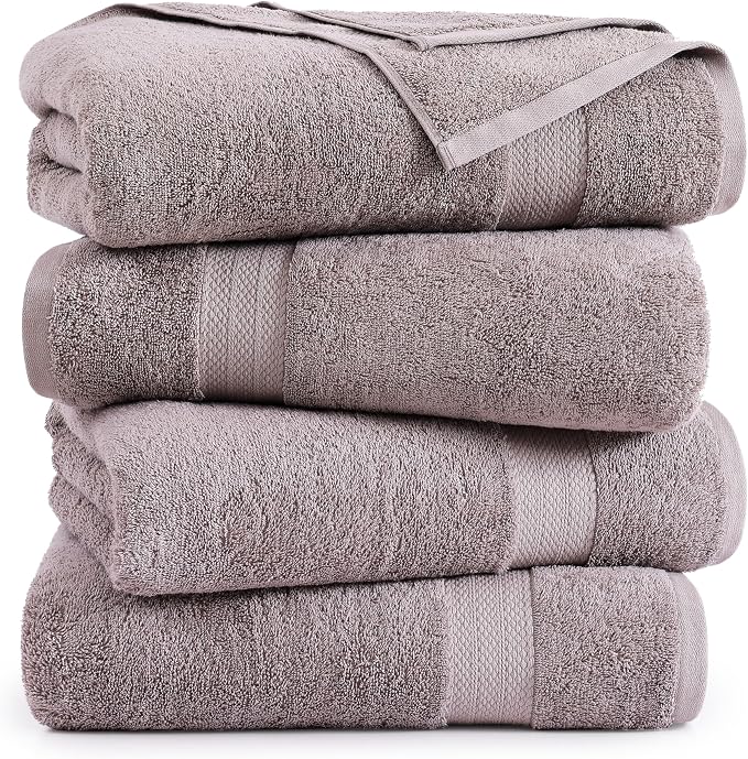 LANE LINEN Bath Towel Set of 4 PC (28"x54") - 100% RingSpun Cotton Bathroom Towel Set - Reinforced Edges, Quick Dry, Very Soft & Absorbent Large Bath Towel - Mininmal Linting after 3 Washes - Platinum