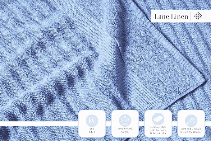 LANE LINEN 100% Cotton Bath Towel - 6 Piece Set - Hotel Grade Luxury Zero Twist Cotton - 2 Bath, 2 Washcloths, 2 Hand Towels for Bathroom - Super Soft, Quick Dry & Highly Absorbent - Cerulean Blue