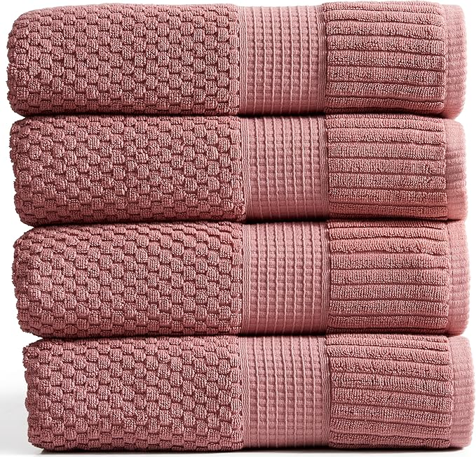 NY Loft 100% Cotton 4-Pack Bath Towel Set | Rose | Oeko-TEX | Quick-Dry | Four 30" x 52" Bath Towels | Super Absorbent | Designer-Styled Texture