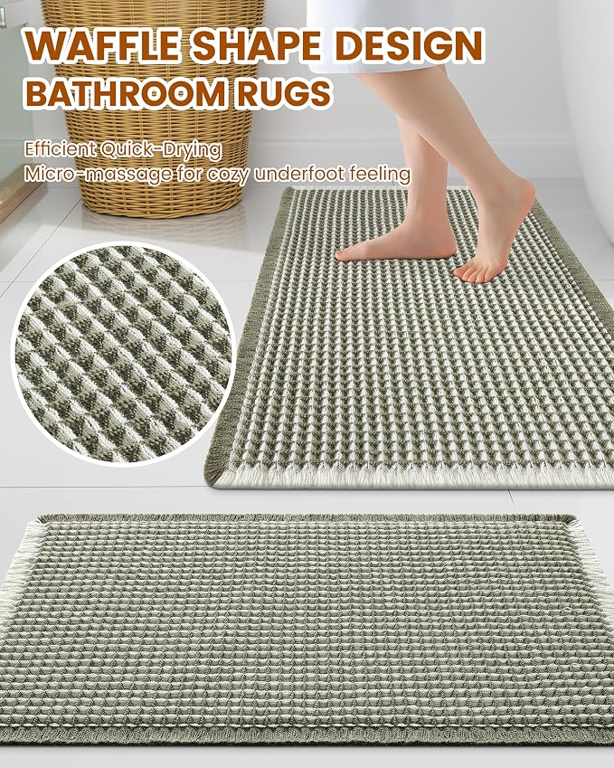 Smiry Waffle Bath Mat 60x24, Extra Soft Absorbent Bathroom Rugs, Non Slip Machine Washable Quick Dry Bath Rugs for Bathroom Floor, Tub, Shower, Home Decor Accessories, Green & Cream