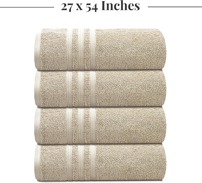 Tens Towels Pack of 4 Soft Bath Towels, 100% Cotton, 27 x 54 Inches, Lightweight & Quick-Dry, Ideal for Daily Bathroom Use, Practical & Comfortable, Beige