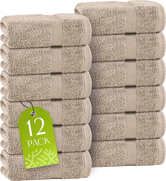 White Classic Taupe Washcloths Set for Body and Face Towel, Cotton Wash Cloths Bulk 12 Pack, Spa Fingertip Wash Clothes 12x12 Inch, Soft Absorbent Gym Towels