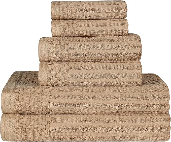 Superior 6 Piece Cotton Towel Set, Includes 2 Bath Towels, 2 Hand Towels, 2 Face Towel/Washcloths, Daily Use for Bathroom, Guest Bath, Ribbed, Absorbent, Home Essentials, Soho Collection, Coffee