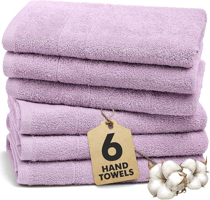 100% Ring Spun Cotton Hand Towels for Bathroom – 550 GSM Soft & Absorbent Towel Set– Pack of 6 Small Towel (34x20in) – Quick Dry Luxury Cotton Hand Towels – Lilac