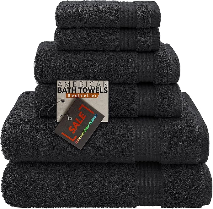 American Bath Towels 100% Cotton 6 Piece Turkish Towel Set, Ultra Soft Absorbent Bathroom Towels, 2 Bath Towel 2 Hand Towels 2 Washcloths, Black