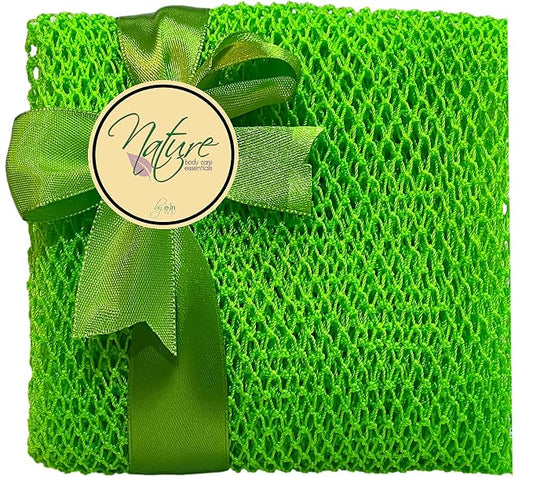 African Net Bath Sponge, Customaized Nature1 Weave, Long, Skin Exfoliation, Porous, Stretches Horizontally to Approximately 49" (Chartreuse Green).