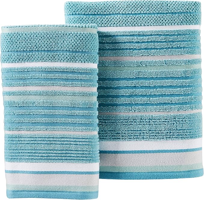 SKL Home Seabrook Stripe Premium 4-Piece Towel Set, 550 GSM, Soft & Absorbent Jacquard - 2 Bath Towels, 2 Hand Towels, Teal