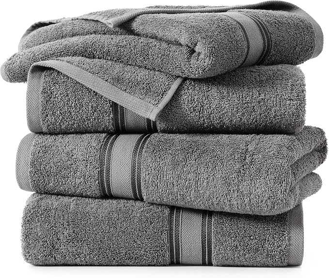 LANE LINEN 100% Cotton Bath Towels 4 Pack - Zero Twist, Premium Cotton Large Towels Set for Bathroom - Quick Dry, Soft & Absorbent Extra Large Bath Towel Set - Oeko Tex Certified - Cool Gery