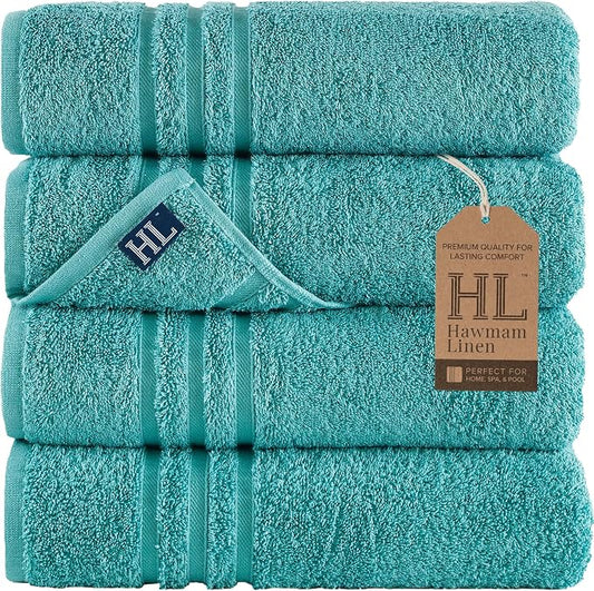 Hawmam Linen Teal Turquoise Bath Towels 4 Pack Soft and Absorbent, Premium Quality Perfect for Daily Use 100% Cotton Towel 600 GSM