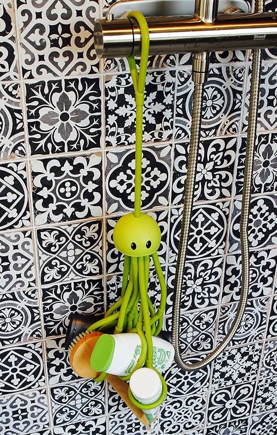 Formverkert Octopus Shower Caddy (in Green)- Shower Gel Shampoo Conditioner Brush Razors Toys Accessories Holder, 9 Slots, Fits All Sized Bottles, Stylish Fun Bath Shower Organizer, Designed in Sweden